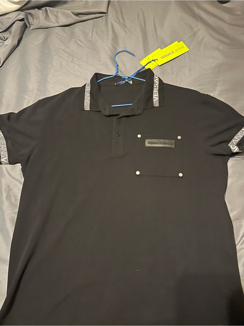 Versace Black Polo with Logo-Trim Collar and Stud Pocket